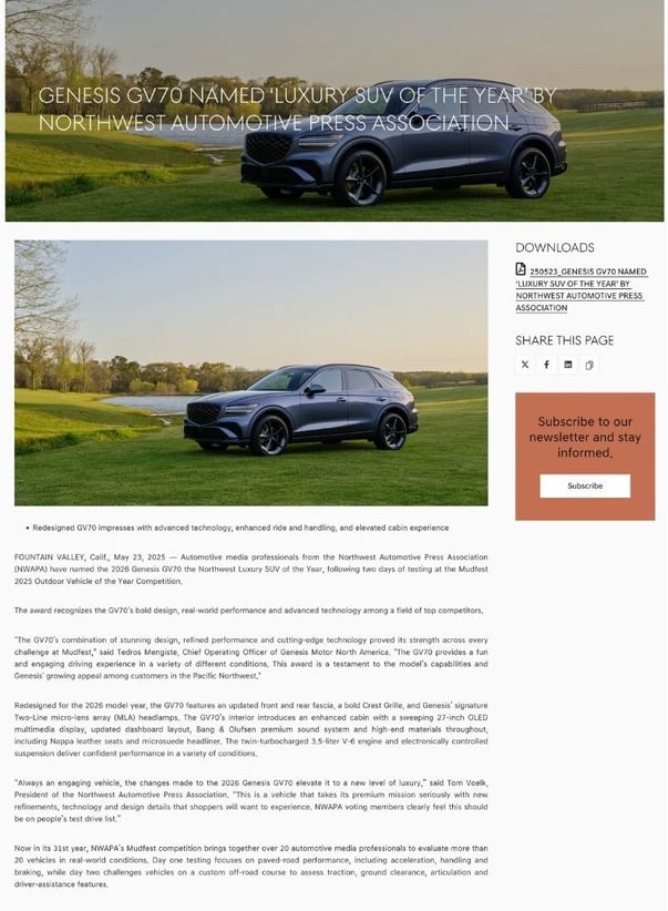 Genesis newsroom screenshot - press release