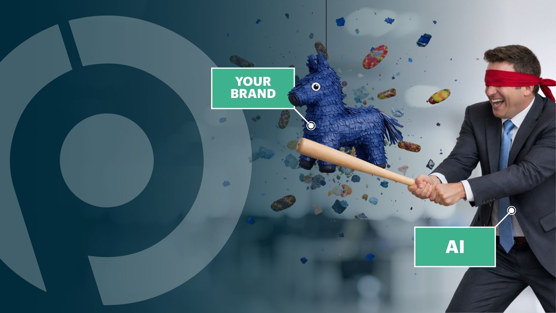 Man in a suit hitting a piñata that represents a brand's reputation being hurt by AI